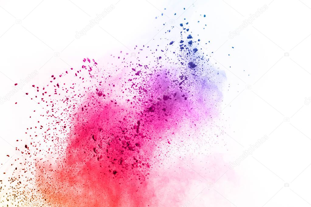 abstract powder splatted background. Colorful powder explosion on white background. Colored cloud. Colorful dust explode. Paint Holi.