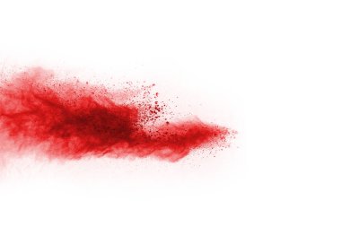 Beyaz arka planda izole edilmiş kırmızı barutun patlaması hareketsiz. Kırmızı toz bulutunun soyut tasarımı. Parçacık patlaması ekran koruyucusu, duvar kağıdı