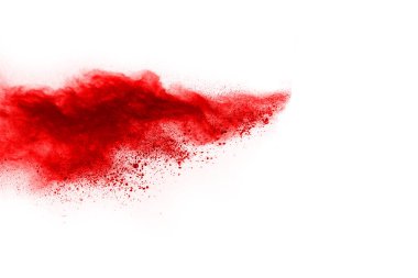 Beyaz arka planda izole edilmiş kırmızı barutun patlaması hareketsiz. Kırmızı toz bulutunun soyut tasarımı. Parçacık patlaması ekran koruyucusu, duvar kağıdı