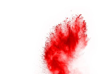 Beyaz arka planda izole edilmiş kırmızı barutun patlaması hareketsiz. Kırmızı toz bulutunun soyut tasarımı. Parçacık patlaması ekran koruyucusu, duvar kağıdı