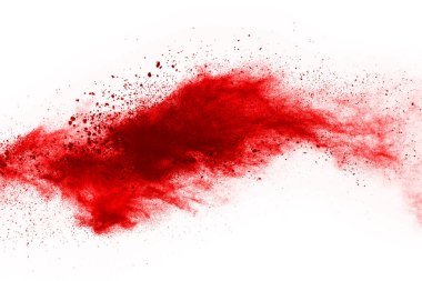 Beyaz arka planda izole edilmiş kırmızı barutun patlaması hareketsiz. Kırmızı toz bulutunun soyut tasarımı. Parçacık patlaması ekran koruyucusu, duvar kağıdı