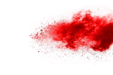 Beyaz arka planda izole edilmiş kırmızı barutun patlaması hareketsiz. Kırmızı toz bulutunun soyut tasarımı. Parçacık patlaması ekran koruyucusu, duvar kağıdı