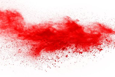 Beyaz arka planda izole edilmiş kırmızı barutun patlaması hareketsiz. Kırmızı toz bulutunun soyut tasarımı. Parçacık patlaması ekran koruyucusu, duvar kağıdı