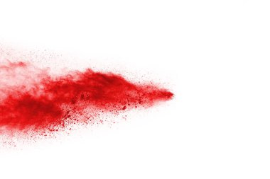 Beyaz arka planda izole edilmiş kırmızı barutun patlaması hareketsiz. Kırmızı toz bulutunun soyut tasarımı. Parçacık patlaması ekran koruyucusu, duvar kağıdı