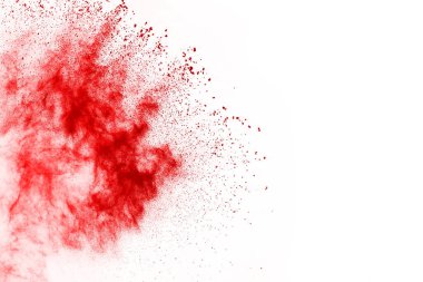 Beyaz arka planda izole edilmiş kırmızı barutun patlaması hareketsiz. Kırmızı toz bulutunun soyut tasarımı. Parçacık patlaması ekran koruyucusu, duvar kağıdı