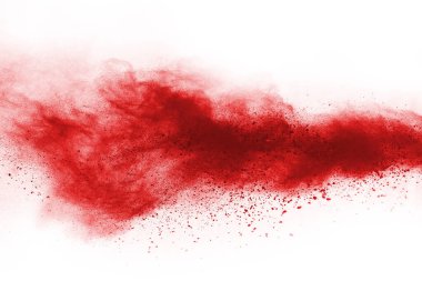 Beyaz arka planda izole edilmiş kırmızı barutun patlaması hareketsiz. Kırmızı toz bulutunun soyut tasarımı. Parçacık patlaması ekran koruyucusu, duvar kağıdı