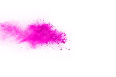 Soyut pembe toz sıçramış arkaplan, patlayan renk tozunun hareketsiz hareketi / renk pudrası, beyaz arkaplanda renk parıltısı dokusu.