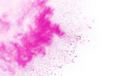 Soyut pembe toz sıçramış arkaplan, patlayan renk tozunun hareketsiz hareketi / renk pudrası, beyaz arkaplanda renk parıltısı dokusu.