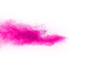 Soyut pembe toz sıçramış arkaplan, patlayan renk tozunun hareketsiz hareketi / renk pudrası, beyaz arkaplanda renk parıltısı dokusu.