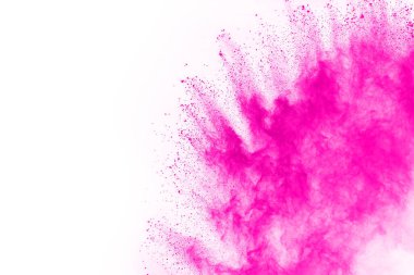 Soyut pembe toz sıçramış arkaplan, patlayan renk tozunun hareketsiz hareketi / renk pudrası, beyaz arkaplanda renk parıltısı dokusu.