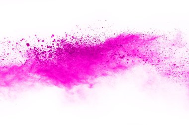 Soyut pembe toz sıçramış arkaplan, patlayan renk tozunun hareketsiz hareketi / renk pudrası, beyaz arkaplanda renk parıltısı dokusu.