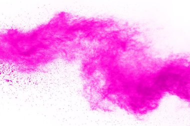 Soyut pembe toz sıçramış arkaplan, patlayan renk tozunun hareketsiz hareketi / renk pudrası, beyaz arkaplanda renk parıltısı dokusu.