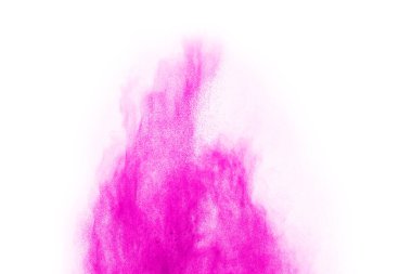 Soyut pembe toz sıçramış arkaplan, patlayan renk tozunun hareketsiz hareketi / renk pudrası, beyaz arkaplanda renk parıltısı dokusu.