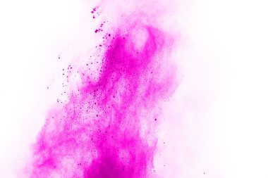 Soyut pembe toz sıçramış arkaplan, patlayan renk tozunun hareketsiz hareketi / renk pudrası, beyaz arkaplanda renk parıltısı dokusu.