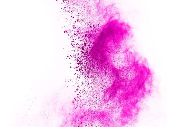Soyut pembe toz sıçramış arkaplan, patlayan renk tozunun hareketsiz hareketi / renk pudrası, beyaz arkaplanda renk parıltısı dokusu.