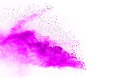 Soyut pembe toz sıçramış arkaplan, patlayan renk tozunun hareketsiz hareketi / renk pudrası, beyaz arkaplanda renk parıltısı dokusu.