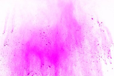Soyut pembe toz sıçramış arkaplan, patlayan renk tozunun hareketsiz hareketi / renk pudrası, beyaz arkaplanda renk parıltısı dokusu.