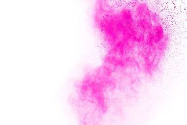 Soyut pembe toz sıçramış arkaplan, patlayan renk tozunun hareketsiz hareketi / renk pudrası, beyaz arkaplanda renk parıltısı dokusu.