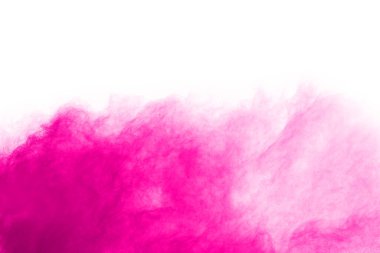 Soyut pembe toz sıçramış arkaplan, patlayan renk tozunun hareketsiz hareketi / renk pudrası, beyaz arkaplanda renk parıltısı dokusu.