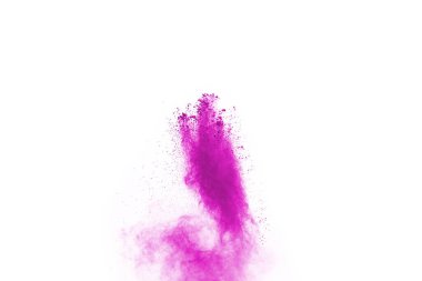 Soyut pembe toz sıçramış arkaplan, patlayan renk tozunun hareketsiz hareketi / renk pudrası, beyaz arkaplanda renk parıltısı dokusu.