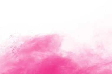 Soyut pembe toz sıçramış arkaplan, patlayan renk tozunun hareketsiz hareketi / renk pudrası, beyaz arkaplanda renk parıltısı dokusu.