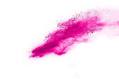 Soyut pembe toz sıçramış arkaplan, patlayan renk tozunun hareketsiz hareketi / renk pudrası, beyaz arkaplanda renk parıltısı dokusu.
