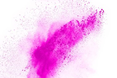 Soyut pembe toz sıçramış arkaplan, patlayan renk tozunun hareketsiz hareketi / renk pudrası, beyaz arkaplanda renk parıltısı dokusu.