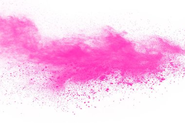 Soyut pembe toz sıçramış arkaplan, patlayan renk tozunun hareketsiz hareketi / renk pudrası, beyaz arkaplanda renk parıltısı dokusu.