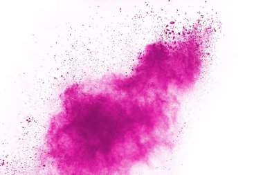 Soyut pembe toz sıçramış arkaplan, patlayan renk tozunun hareketsiz hareketi / renk pudrası, beyaz arkaplanda renk parıltısı dokusu.