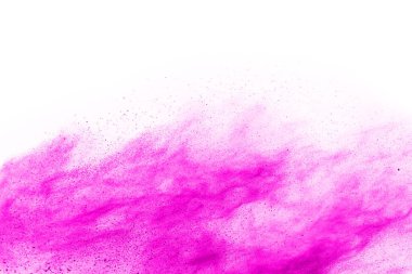 Soyut pembe toz sıçramış arkaplan, patlayan renk tozunun hareketsiz hareketi / renk pudrası, beyaz arkaplanda renk parıltısı dokusu.