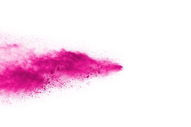 Soyut pembe toz sıçramış arkaplan, patlayan renk tozunun hareketsiz hareketi / renk pudrası, beyaz arkaplanda renk parıltısı dokusu.