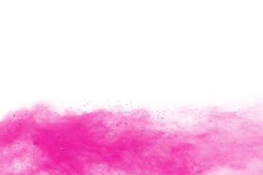 Soyut pembe toz sıçramış arkaplan, patlayan renk tozunun hareketsiz hareketi / renk pudrası, beyaz arkaplanda renk parıltısı dokusu.