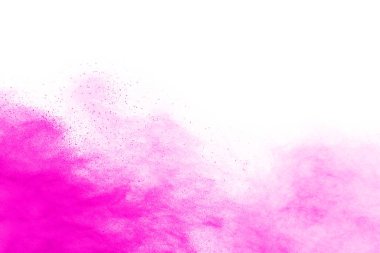 Soyut pembe toz sıçramış arkaplan, patlayan renk tozunun hareketsiz hareketi / renk pudrası, beyaz arkaplanda renk parıltısı dokusu.