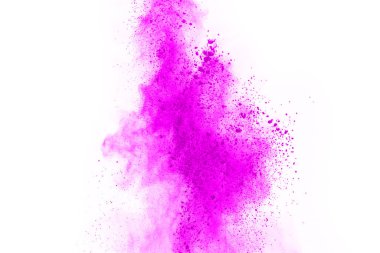 Soyut pembe toz sıçramış arkaplan, patlayan renk tozunun hareketsiz hareketi / renk pudrası, beyaz arkaplanda renk parıltısı dokusu.