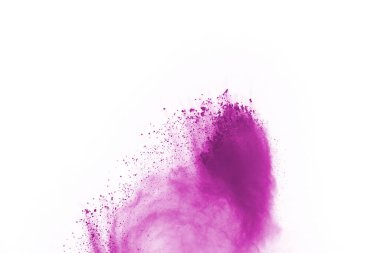 Soyut pembe toz sıçramış arkaplan, patlayan renk tozunun hareketsiz hareketi / renk pudrası, beyaz arkaplanda renk parıltısı dokusu.