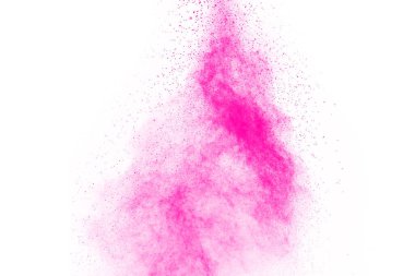 Soyut pembe toz sıçramış arkaplan, patlayan renk tozunun hareketsiz hareketi / renk pudrası, beyaz arkaplanda renk parıltısı dokusu.