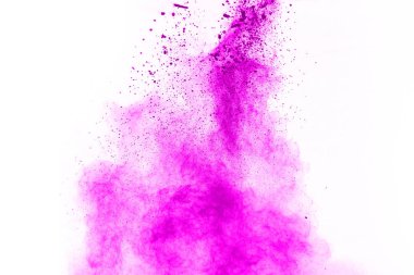 Soyut pembe toz sıçramış arkaplan, patlayan renk tozunun hareketsiz hareketi / renk pudrası, beyaz arkaplanda renk parıltısı dokusu.