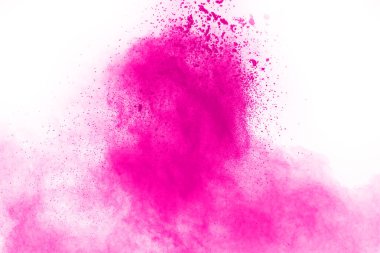 Soyut pembe toz sıçramış arkaplan, patlayan renk tozunun hareketsiz hareketi / renk pudrası, beyaz arkaplanda renk parıltısı dokusu.