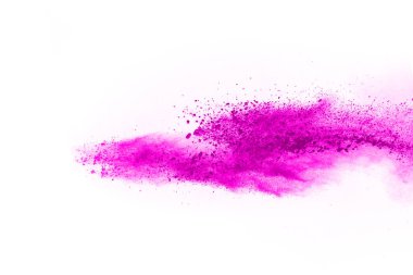 Soyut pembe toz sıçramış arkaplan, patlayan renk tozunun hareketsiz hareketi / renk pudrası, beyaz arkaplanda renk parıltısı dokusu.