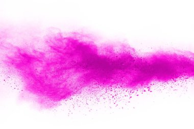 Soyut pembe toz sıçramış arkaplan, patlayan renk tozunun hareketsiz hareketi / renk pudrası, beyaz arkaplanda renk parıltısı dokusu.
