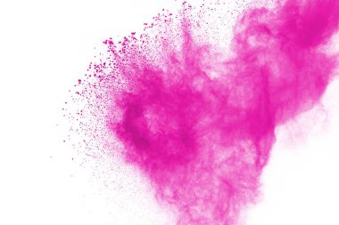 Soyut pembe toz sıçramış arkaplan, patlayan renk tozunun hareketsiz hareketi / renk pudrası, beyaz arkaplanda renk parıltısı dokusu.