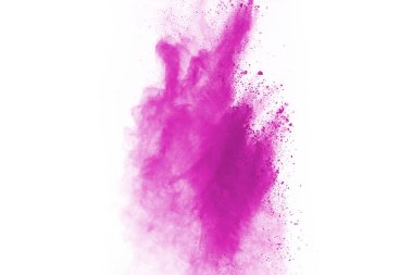 Soyut pembe toz sıçramış arkaplan, patlayan renk tozunun hareketsiz hareketi / renk pudrası, beyaz arkaplanda renk parıltısı dokusu.