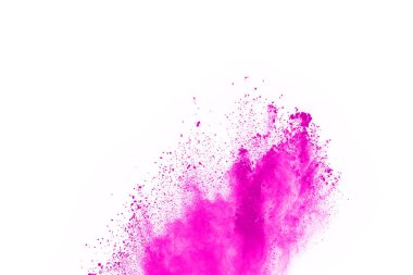 Soyut pembe toz sıçramış arkaplan, patlayan renk tozunun hareketsiz hareketi / renk pudrası, beyaz arkaplanda renk parıltısı dokusu.