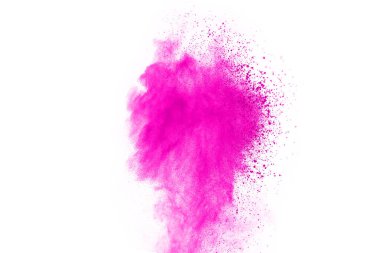 Soyut pembe toz sıçramış arkaplan, patlayan renk tozunun hareketsiz hareketi / renk pudrası, beyaz arkaplanda renk parıltısı dokusu.