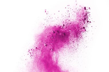 Soyut pembe toz sıçramış arkaplan, patlayan renk tozunun hareketsiz hareketi / renk pudrası, beyaz arkaplanda renk parıltısı dokusu.