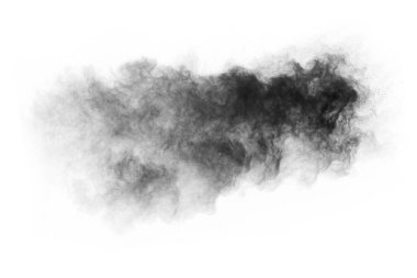 Beyaz zemin üzerinde kömür parçacıkları, beyaz zemin üzerine serpilmiş soyut toz, patlayan kara barutun dondurucu hareketi veya barut atmak.