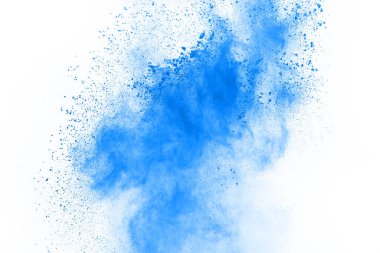 Beyaz arka planda mavi renkli toz patlaması. Renkli bulut. Renkli toz patlar. Boya Holi.