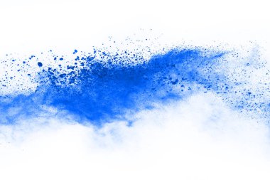 Beyaz arka planda mavi renkli toz patlaması. Renkli bulut. Renkli toz patlar. Boya Holi.