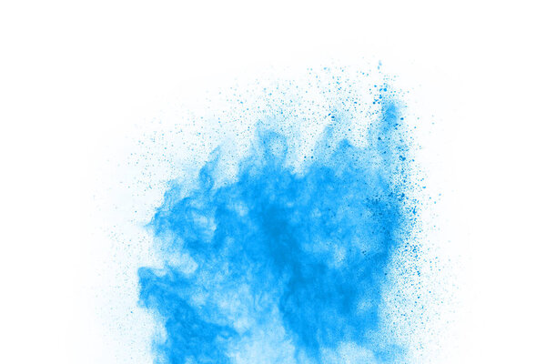 Синий цвет взрыва порошок на белом фоне. Цветное облако. Разноцветная пыль взрывается. Холи, Пейнт.