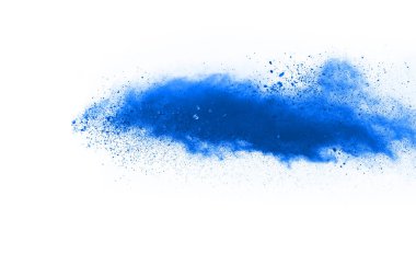 Beyaz arka planda mavi renkli toz patlaması. Renkli bulut. Renkli toz patlar. Boya Holi.
